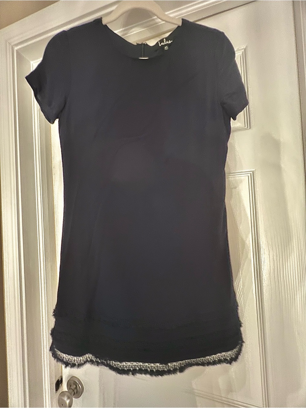 Lulu's Navy Shift Dress with Fringe Lace Hem